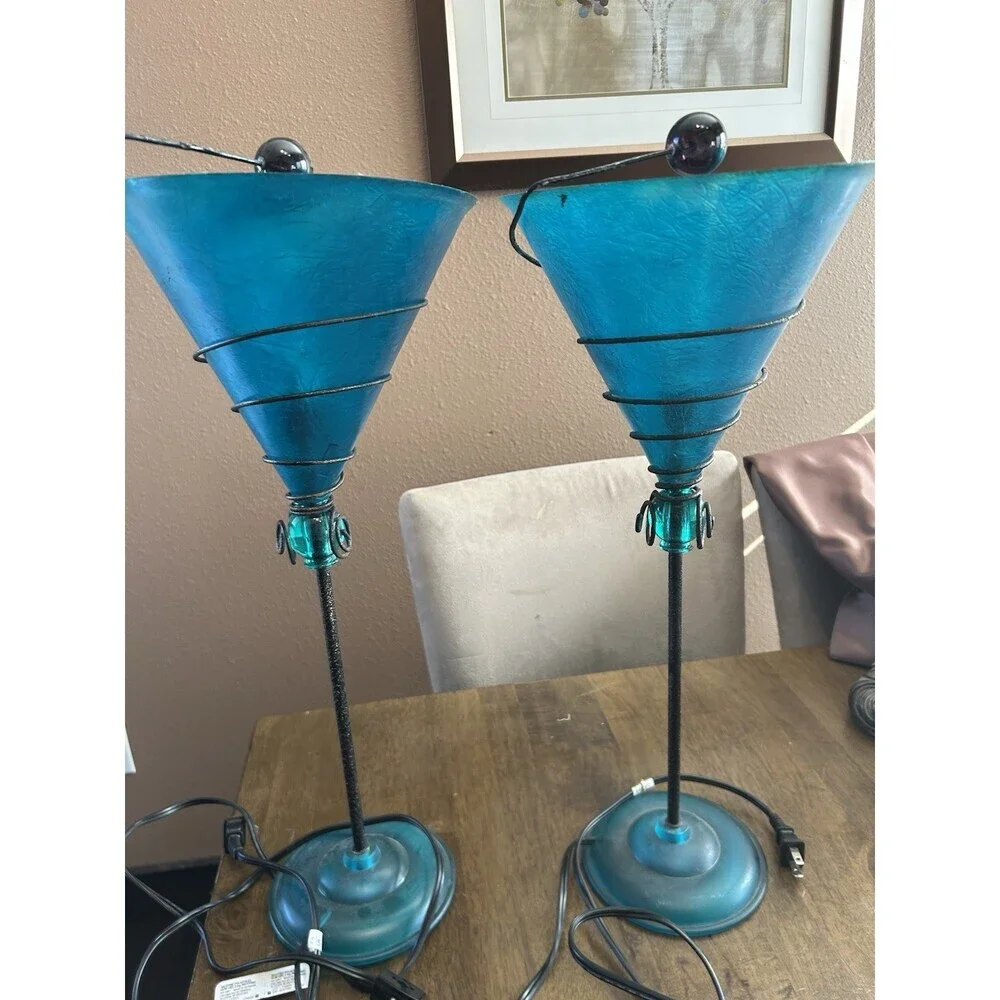 Set of 2 Vintage, Teal Martini Glass Lamps, MCM Style. Fiberglass Shades 18”